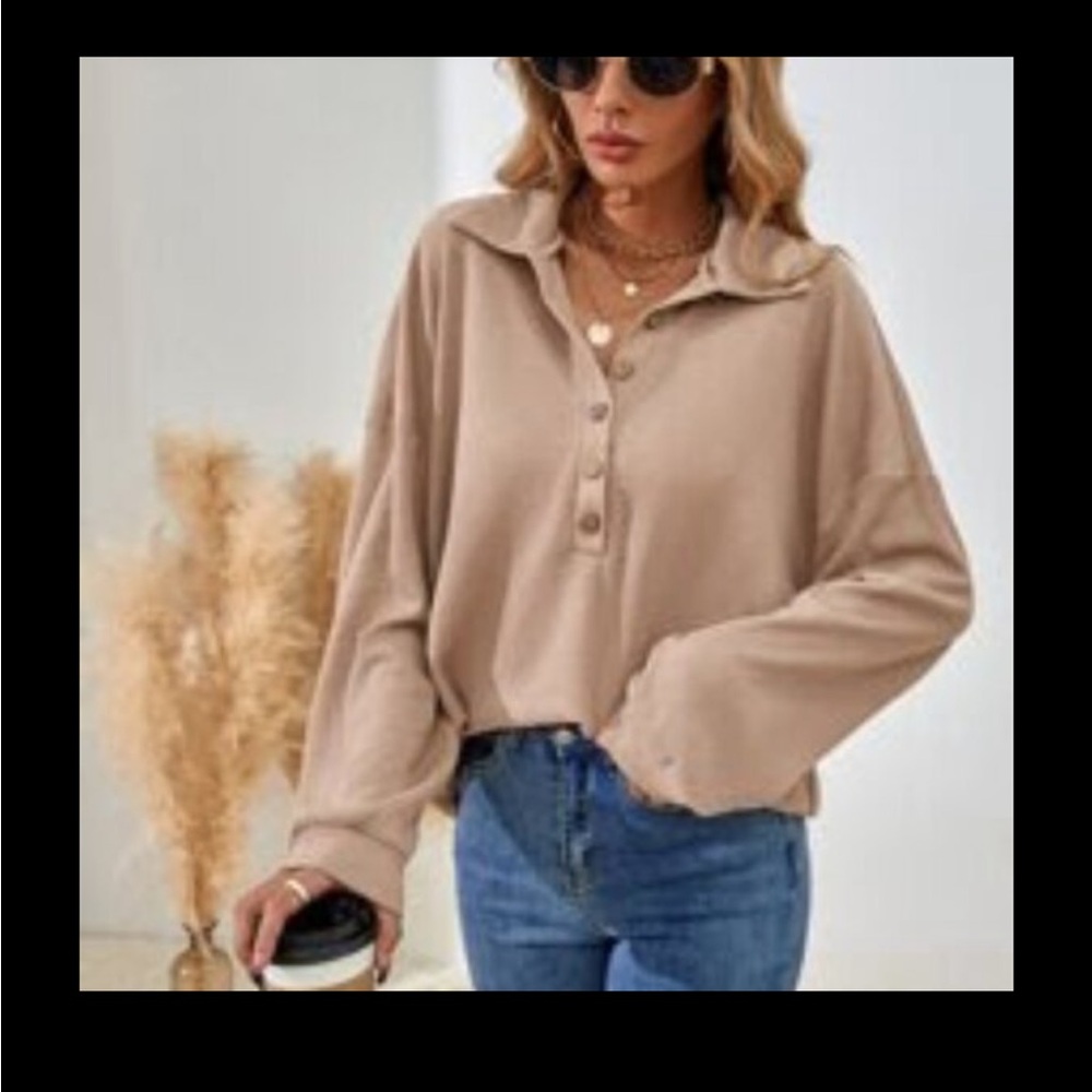 SHEIN Beige Button-Front Long Sleeve Polo Top